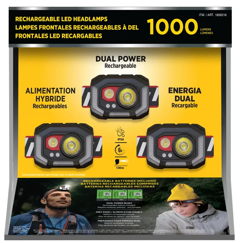 INFINITY X1 - Ensemble de 3 Lampes Frontales Rechargeables à DEL de 1000 Lumens