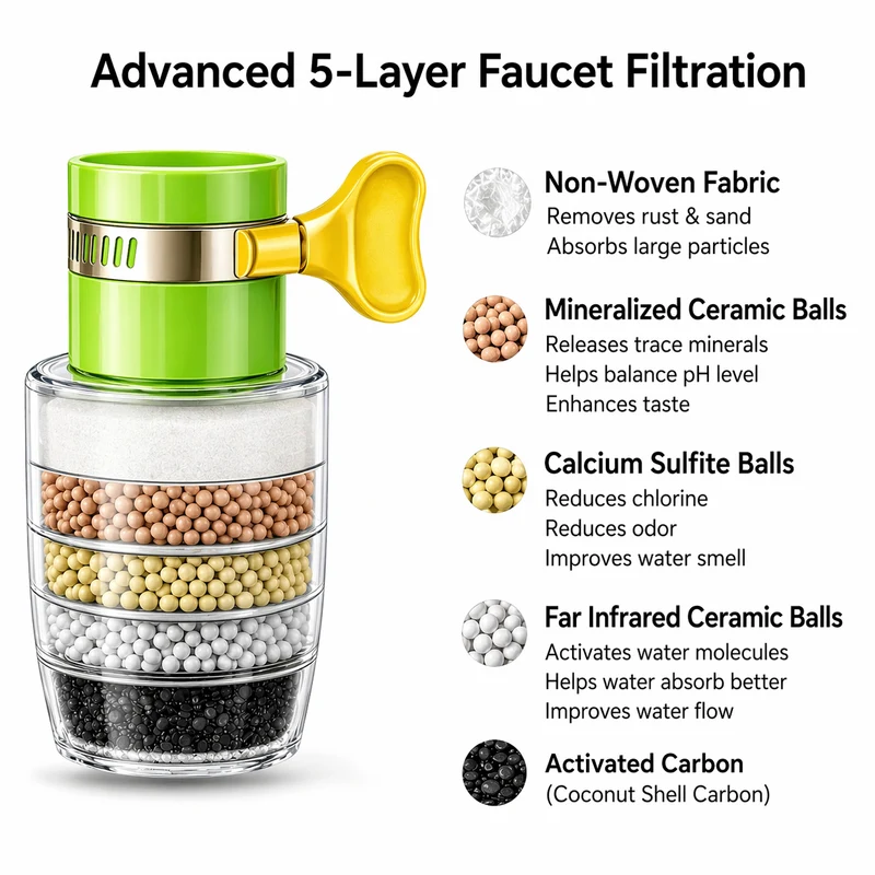 Filtro dell'acqua | Carbonio attivato a 5 strati | Riduzione di cloro e calcare | Aquaveil