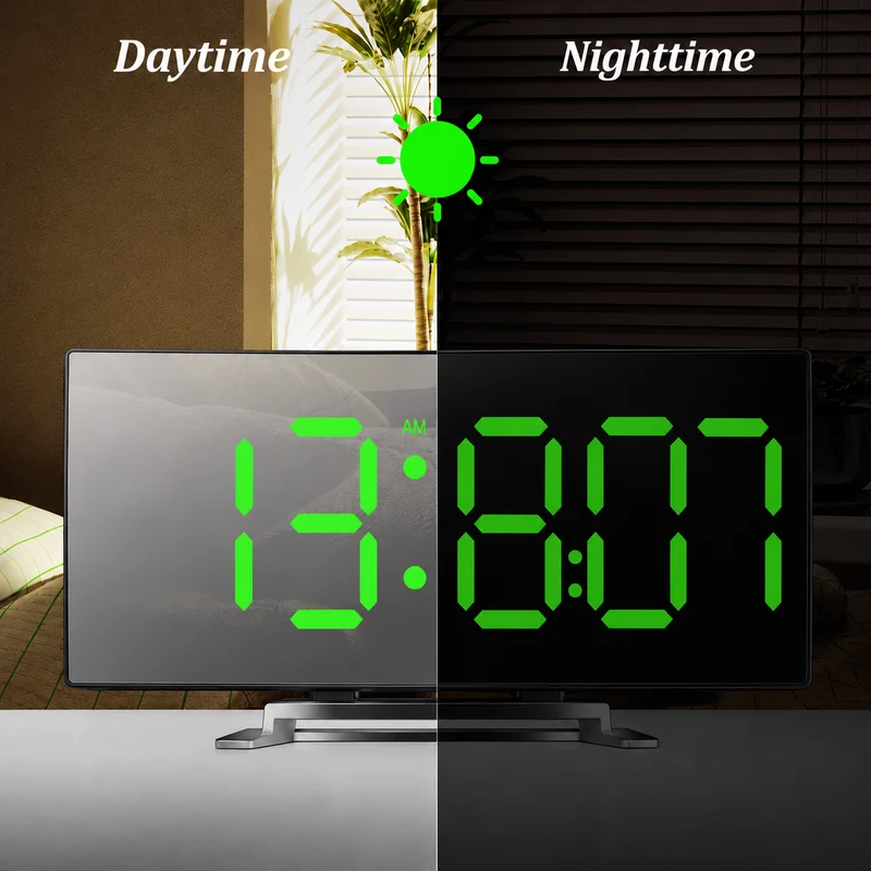 Orologio Digitale | Sveglia a LED con Specchio | Dimming Automatico Senza Abbagliamento | CurveClock