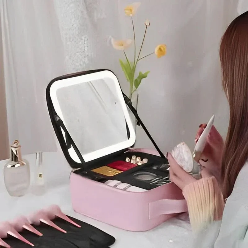 Mirrorglam - Pochette per trucco con specchio LED - Pochette per trucco portatile con luce e spazio di stoccaggio per uno styling perfetto in movimento