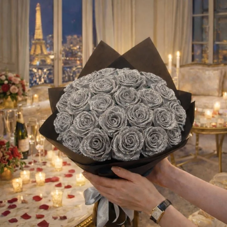 Regalo di Rose Glitterate – Rosa Singola o Mazzo di Rose in Elegante Scatola Regalo