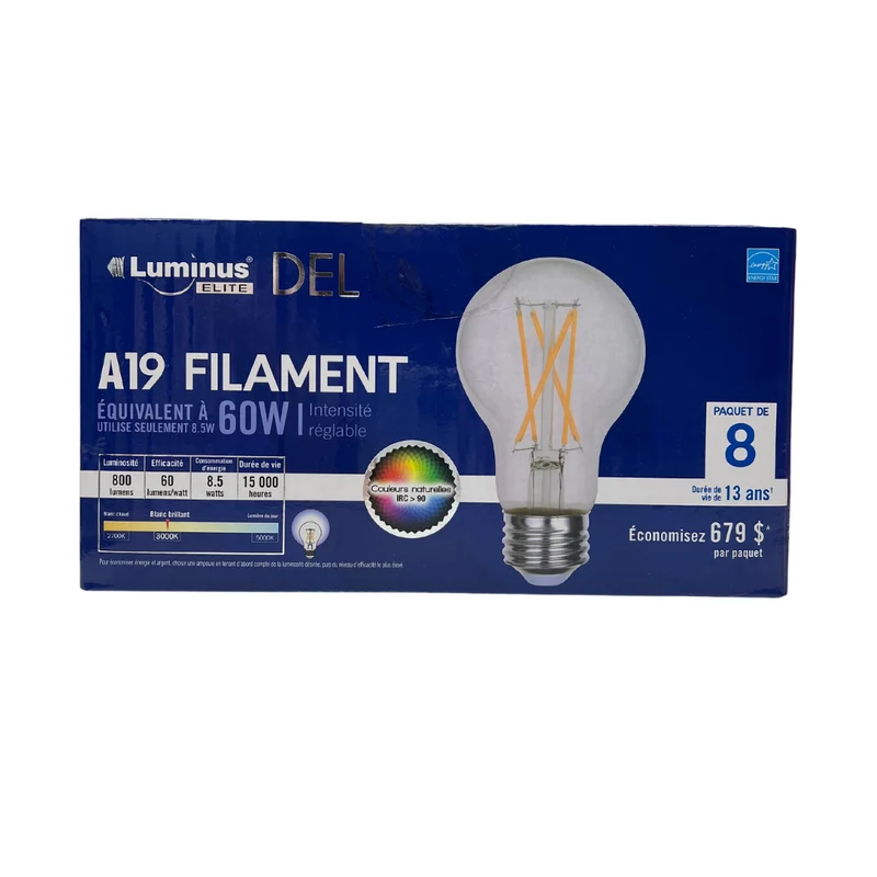 LUMINUS LED - Paquet de 8 Ampoules A19 à Filament