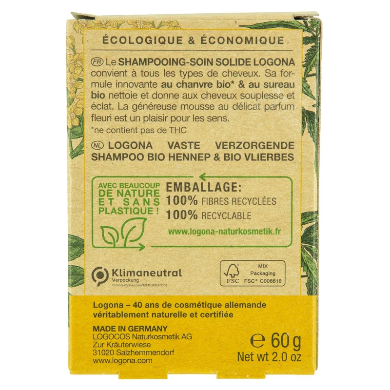 Shampoing solide chanvre bio et sureau bio