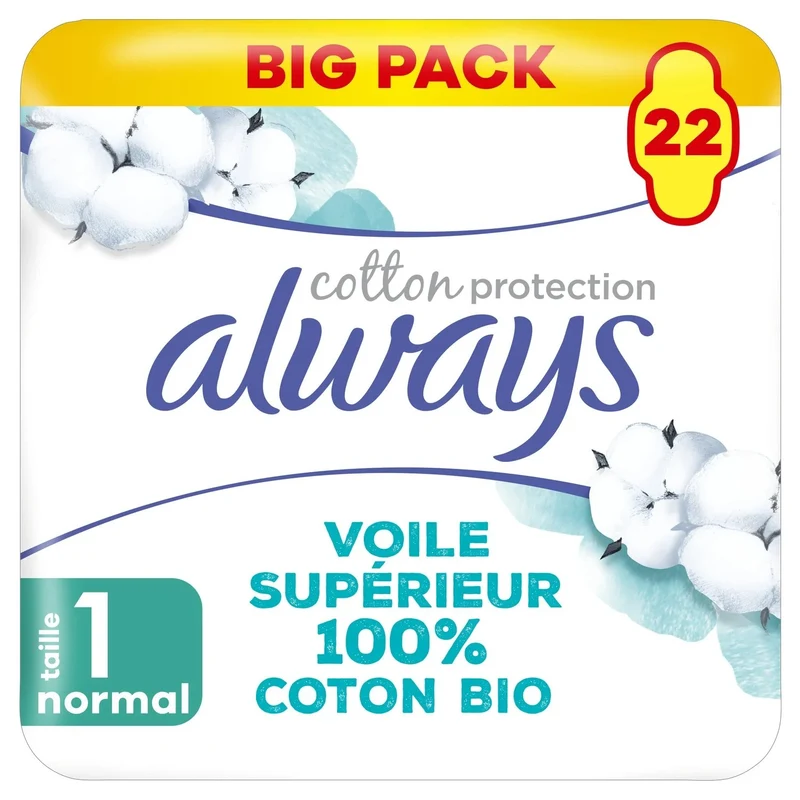 Serviettes hygiéniques 100 % coton bio Normal T1 22 unités Always