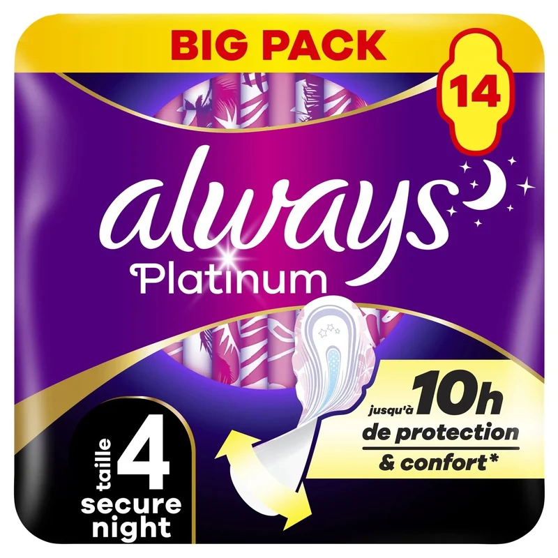 Serviettes hygiéniques Platinum Night T4 14 unités Always