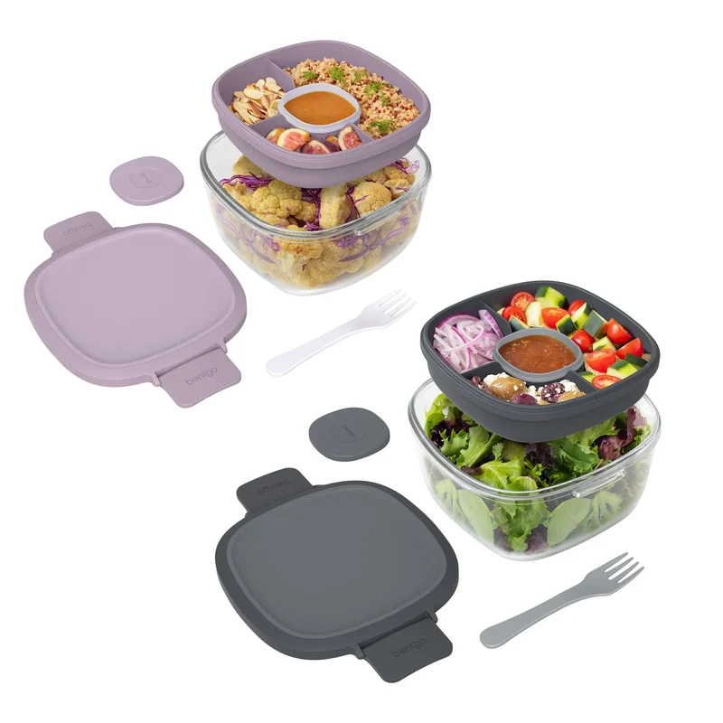 BENTGO GLASS - Ensemble de 2 Récipients à Salade en Verre Tout-en-Un