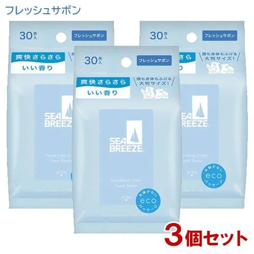 SEA BREEZE Face & Body Wipes (30 Sheets × 3 Packs)
