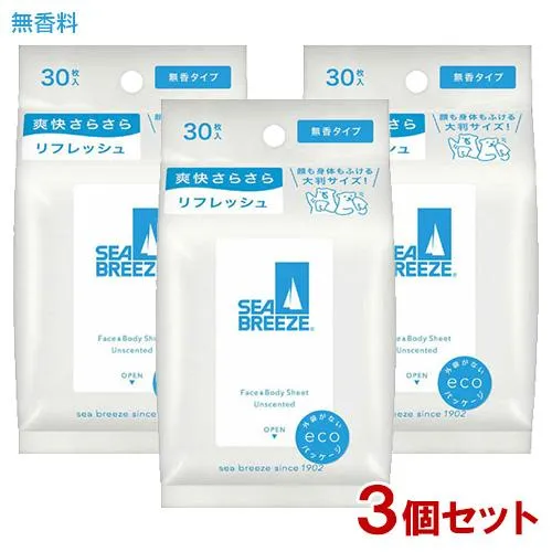 SEA BREEZE Face & Body Wipes (30 Sheets × 3 Packs)