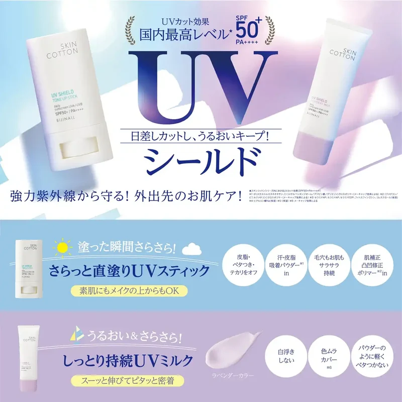 Skin Cotton UV Shield Tone-Up Stick SPF50+ Fragrance-Free Portable 19g