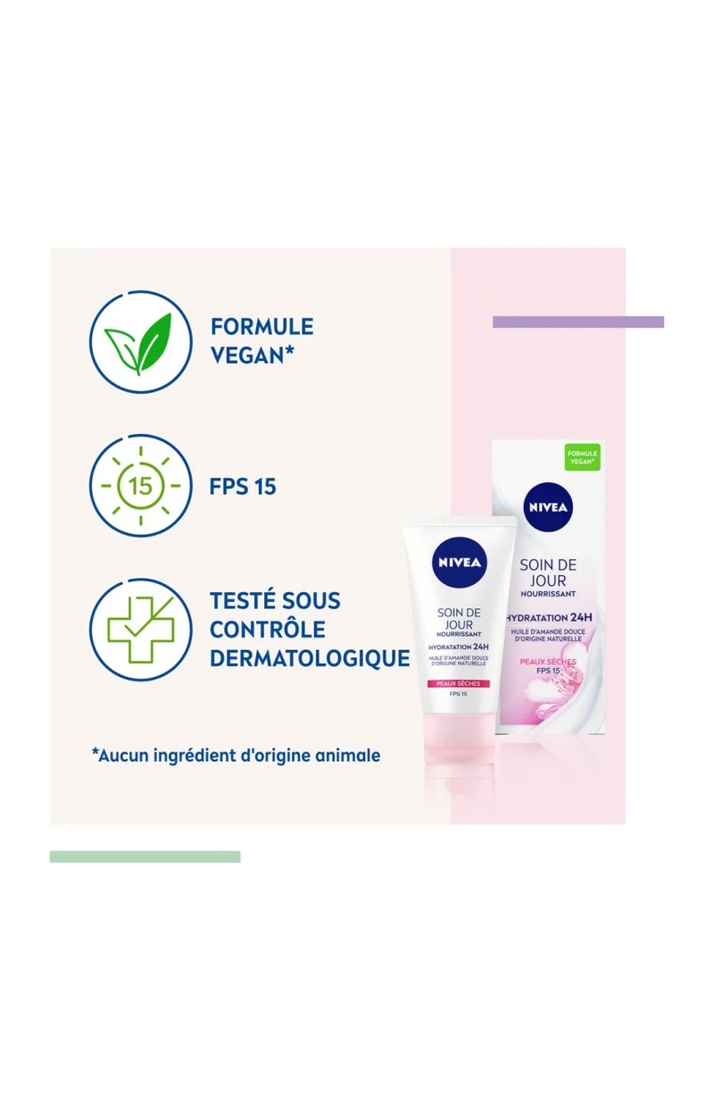 Crème de jour nourrissant & hydratant 24h SPF 15 - Huile d'amande douce - Peaux sèches - 50 ml