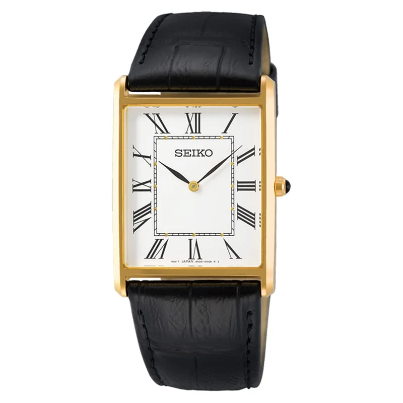 [SEIKO] Men's Square Design Quartz Watch SWR052 White Dial/Black Leather Band