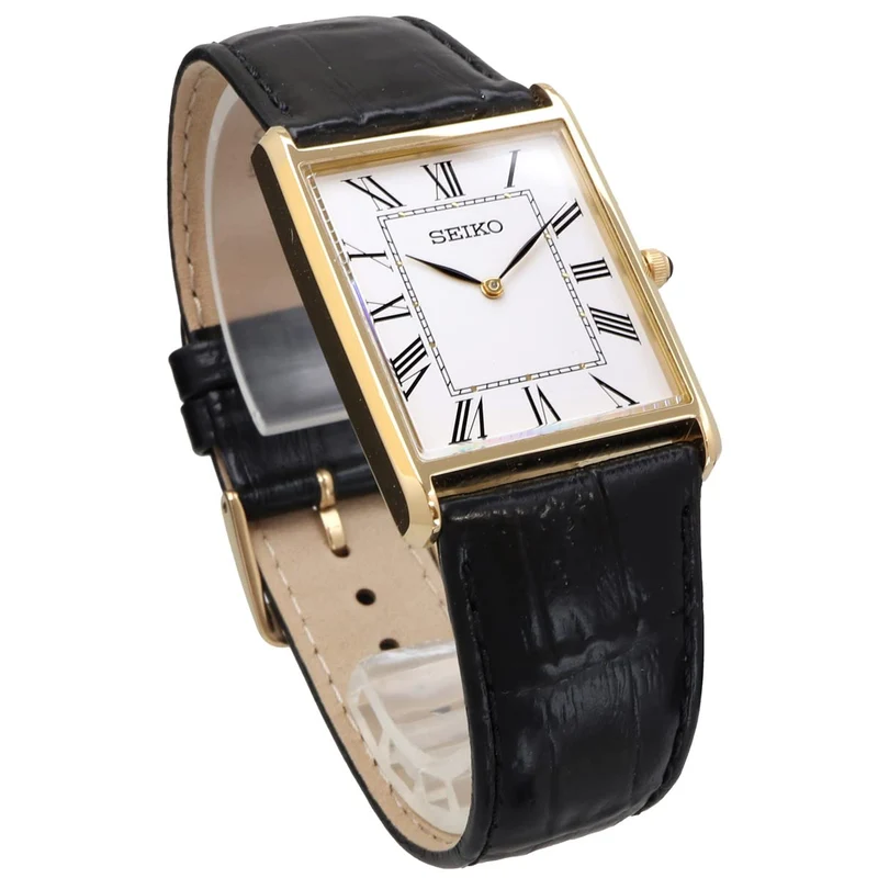 [SEIKO] Men's Square Design Quartz Watch SWR052 White Dial/Black Leather Band